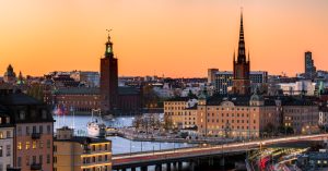 View of Stockholm City Hall and Gamla Stan during sunset